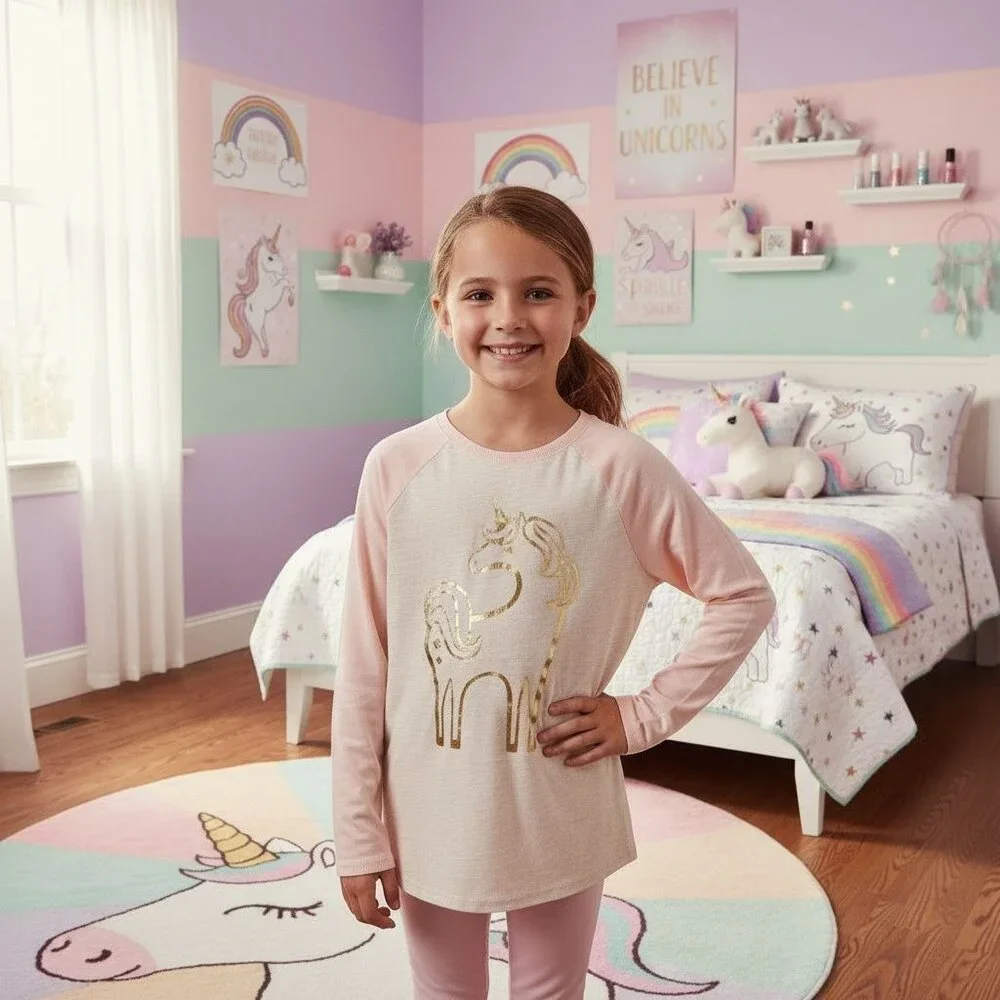 Cat & Jack L Kid Shirt Girl Unicorn Long Sleeve Graphic Top Lightweight Pullover